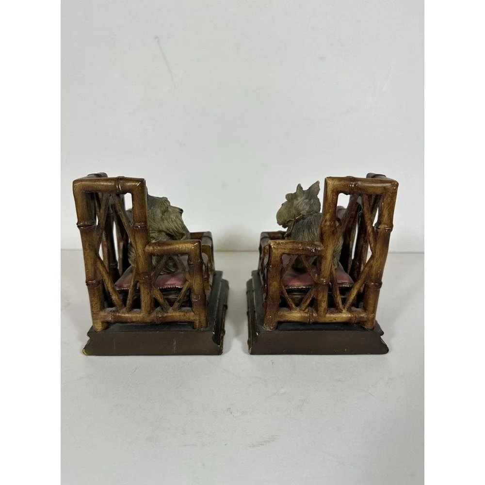 Vtg Scottie/Schnauzers Terriers Bamboo Dog Beds Bookends Resin Pair Chinoiserie
